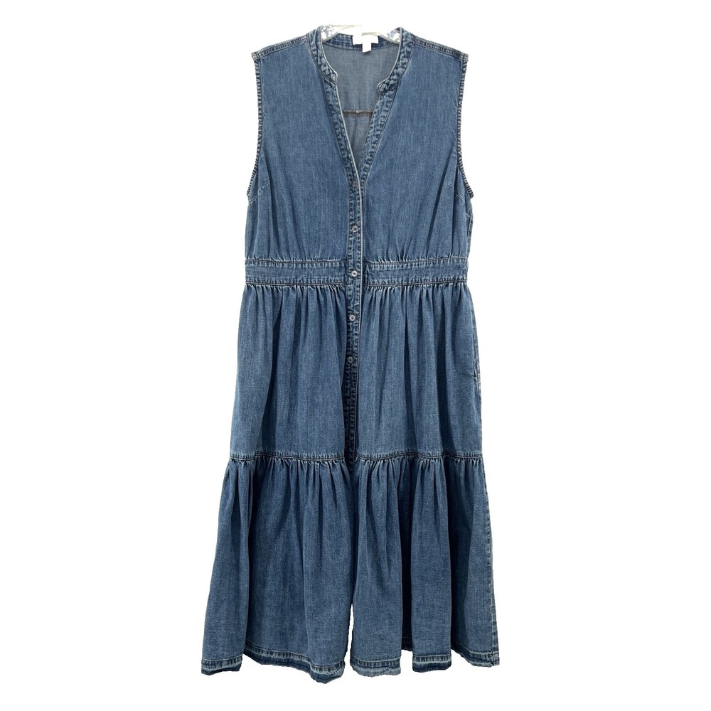 On 34TH Denim Dress XL Maxi Tiered Prairie Cottage Western Cotton Natural Boho